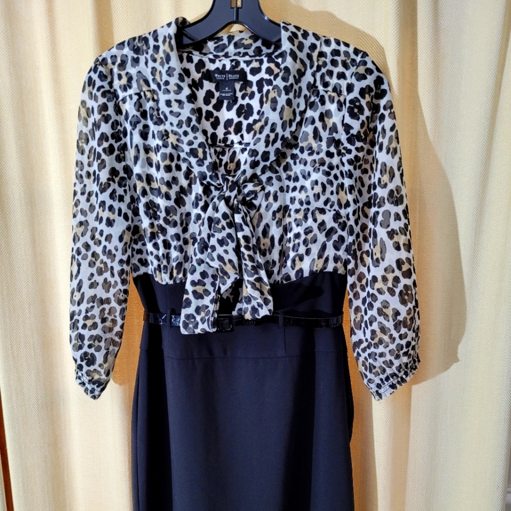 White House Black Market print and black dress with narrow leather belt